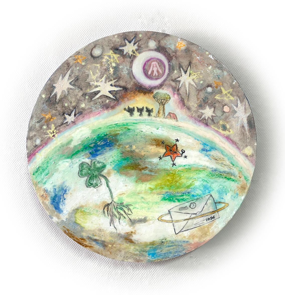 Love from earth, 20 x 20cm, mixed media on panel, 2024